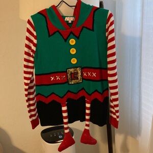 Poof! Festive Elf V-Neck Sweater - Red, Green, Black